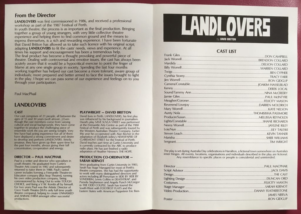 Landlovers programme (intro and cast list)